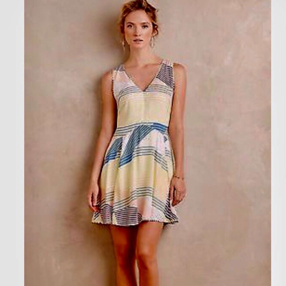 EUC Harlyn for Anthro retro patterned v-neck fit & flare striped dress Sz L